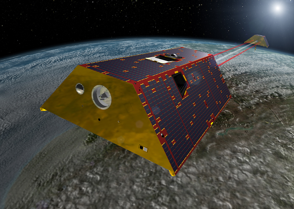 An artist's rendering of the twin GRACE-FO spacecraft in orbit around Earth. Credit: NASA