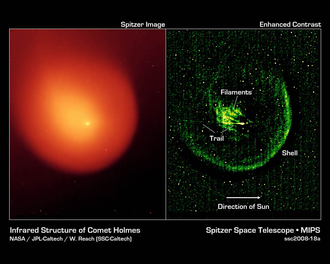 Comet Holmes as imaged by the multiband imaging photometer (MIPS) on the Spitzer Space Telescope.