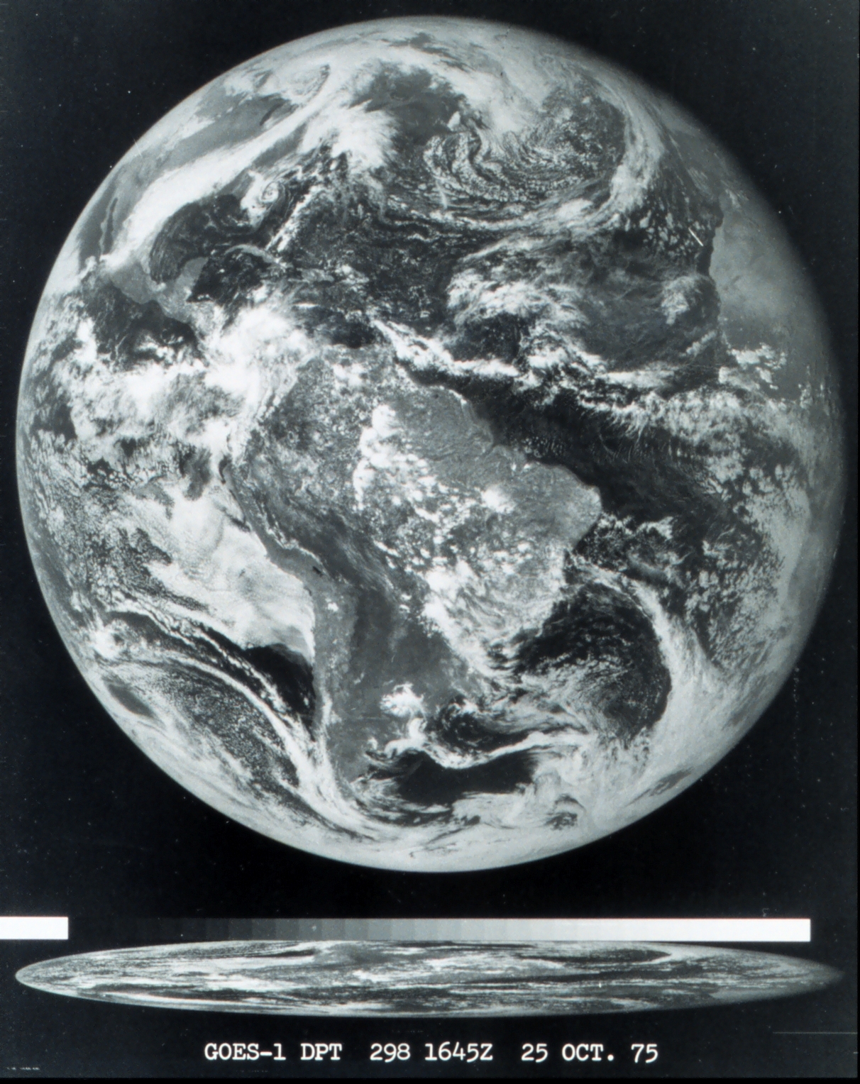 Image credit: National Oceanic and Atmospheric Administration, of the first image ever obtained from a GOES satellite. This image was taken from over 22,000 miles (35,000 km) above the Earth's surface on October 25, 1975.