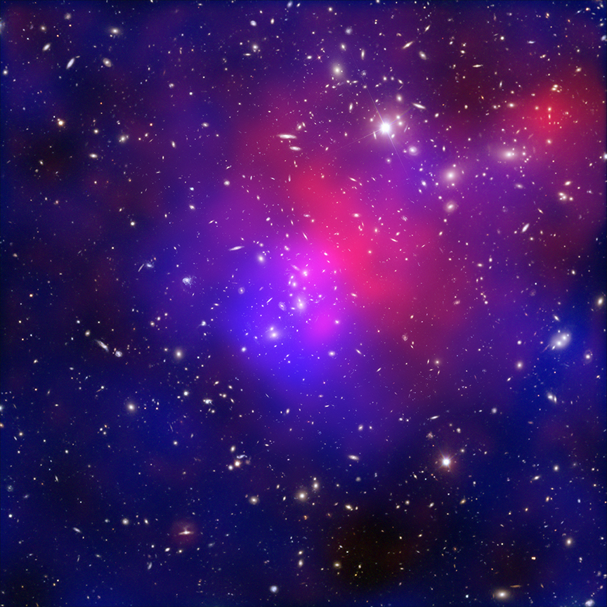 This composite image of "Pandora's Cluster" of galaxies begins to reveal the mysteries of dark matter.